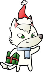 friendly hand drawn gradient cartoon of a christmas wolf wearing santa hat
