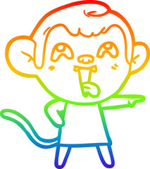 rainbow gradient line drawing of a crazy cartoon monkey in dress