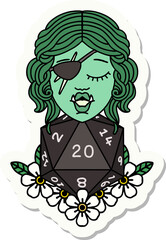 sticker of a half orc rogue with natural twenty dice roll