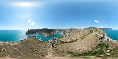 Panoramic aerial view of Balaklava bay landscape with boats and sea. Seamless 360 degree HDRI spherical equirectangular panorama. Travel and sights of Crimea. Virtual reality content VR AR