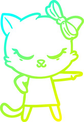 cold gradient line drawing of a cute cartoon cat with bow