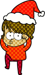 hand drawn comic book style illustration of a woman wearing santa hat
