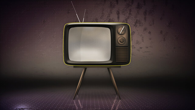 Vintage TV set in a dark retro aesthetic background. A 3D graphics render, television show concept, template