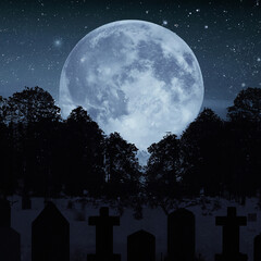 Cemetery in the woods at night with full moon. Spooky Halloween background