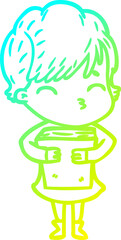 Fototapeta premium cold gradient line drawing of a cartoon woman thinking