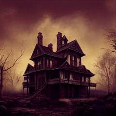 Fototapeta na wymiar Halloween haunted house, creepy and dark mansion