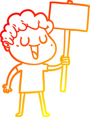 warm gradient line drawing of a laughing cartoon man with black signpost