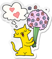 cartoon cat in love with flowers with thought bubble as a printed sticker
