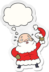 cartoon santa claus waving hat with thought bubble as a printed sticker