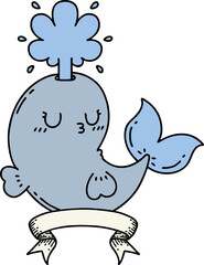 scroll banner with tattoo style happy squirting whale character