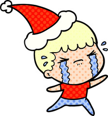 hand drawn comic book style illustration of a man crying wearing santa hat