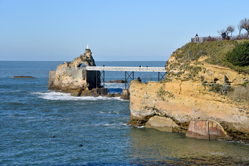 Biarritz, France - 15 Jan, 2022: Rocher de la Vierge (Virgin Rock), and the Port Vieux
