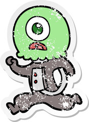 distressed sticker of a cartoon cyclops alien spaceman running