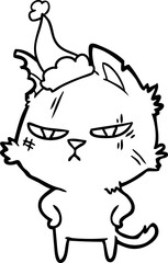 tough hand drawn line drawing of a cat wearing santa hat