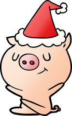 happy hand drawn gradient cartoon of a pig wearing santa hat