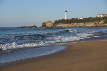 Biarritz, France - 15 Jan, 2023: Winter views of the Phare de Biarritz (Biarritz Lighthouse) and the Grand Plage