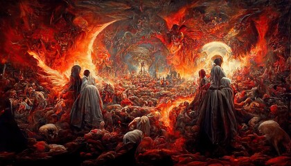 A large group of people is suffering their punishments and expiating sins in a hellish fire afterlife. Matte painting 3D illustration for halloween theme.