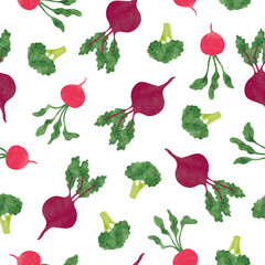 Seamless vegetables pattern. Vector watercolor food background with radish, beet and broccoli.