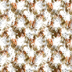 Abstract antique gold alcohol ink floral line art seamless pattern. Digital seamless wallpaper, fabric print, textile design. Can be used for scrapbook paper, wrapping paper, packaging.