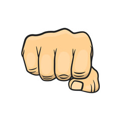 Vector Cartoon Forward Punch Fist, Symbol of Power, Hit, Revolution, Fight for Rights and Against Discrimination. Fist with Outline in Retro Vintage Comic Pop Art Style Closeup Isolated. Front View