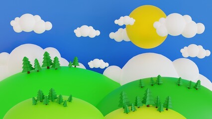 Obraz premium Cartoon Spring summer rural landscape, meadow and mountain with blue sky and cloud, for banner, poster background, 3D rendering.