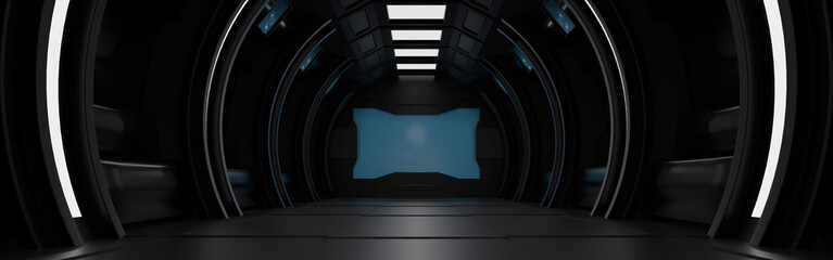 Inside spaceship or space station interior, Sci-Fi tunnel, Template Horizontal Banner header for Website, 3D rendering.