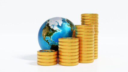 Globe or earth with stack of gold coin, world business concept, element by NASA, 3D rendering. - 537654360