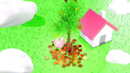 Money tree with coin and leaf, coin falling around model house and piggy bank, bank saving money for buy house concept, 3D rendering.