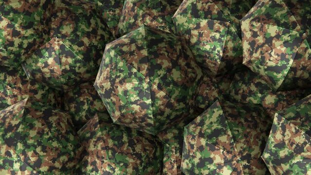 Realistic looping 3D animation of the spinning khaki camouflage military pattern umbrellas or parasols rendered in UHD as motion background