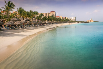 Aruba idyllic caribbean palm beach at sunny day, Dutch Antilles, Caribbean Sea
