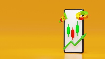 Smart phone with stock market trading graph candle stick and business chart, financial investment 3D rendering.