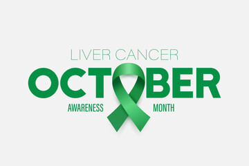 October. Liver Cancer Banner, Card, Placard with Vector 3d Realistic Emerald Green Ribbon on White Background. Liver Cancer Awareness Month Symbol Closeup. World Liver Cancer Day Concept