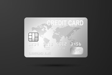 Vector 3d Realistic Gray Silver Credit Card on Black Background. Design Template of Plastic Credit or Debit Card for Mockup, Branding. Credit Card Payment Concept. Front View