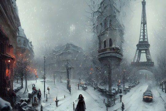 Illustration Paris in Winter Nineteen Century