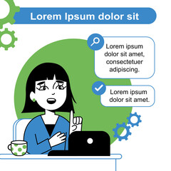 Vector de mujer trabajando en su computador. Dibujo de mujer desarrolladora o ingeniera. videollamada. trabajo remoto.