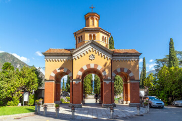 The ornate entrance to the cemetery overlooking Lake Como in the Italian resort village of Menaggio, Italy.