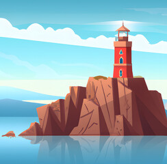 Illustration of a lighthouse on rock, stone island summer landscape. Greece architecture. Navigation