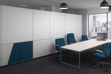 Naklejka na ściany i meble Office meeting table with blue chairs. Empty office interior meeting room layout 3d illustration 