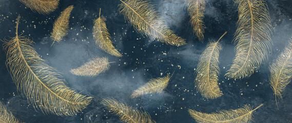 Luxury blue art background with golden feathers in line style with watercolor texture. Hand drawn vector banner for wallpaper design, packaging, textile, decor, print. © VectorART