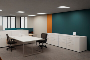 Office furniture in a room. Desk and chairs for employees, empty wall and windows 3d illustration
