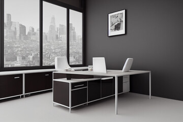 Office executive office with desk and chairs, large window and blank wall 3d illustration
