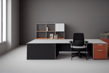 Office interior office for staff, desk and chair for work 3d illustration
