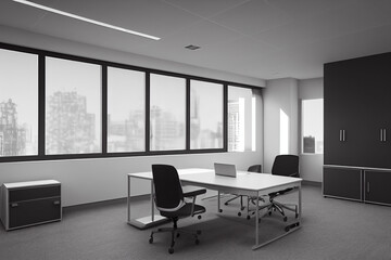Fototapeta na wymiar Office interior with table and chairs, black and white office space layout 3d illustration 