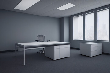 White desk with office chair and nightstand. Office office layout, employee office, blank wall 3d illustration
