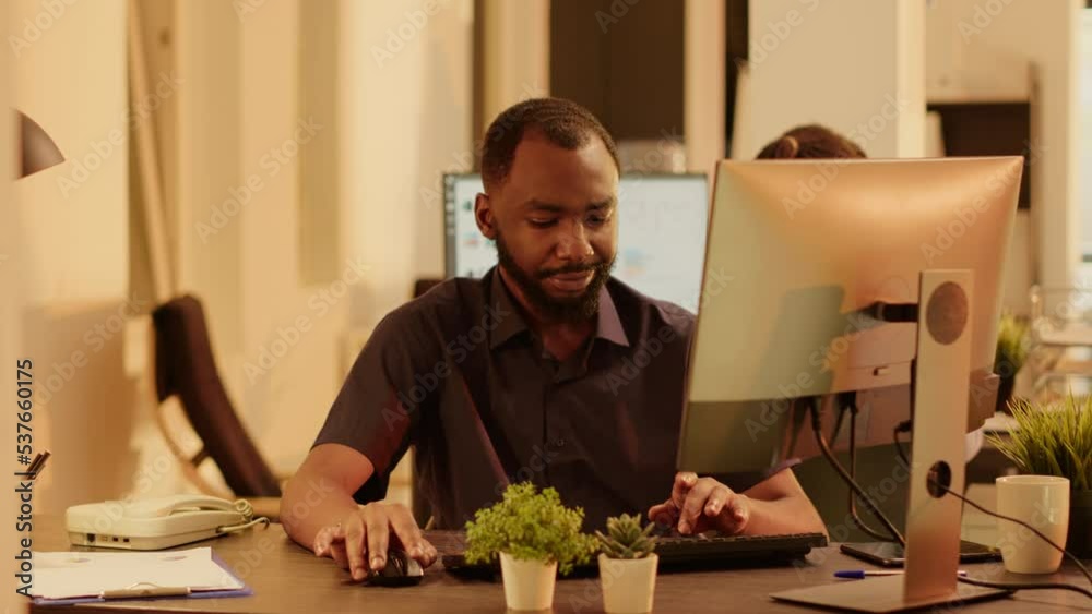 Poster office worker brainstorming ideas on computer network to create business presentation and data repor