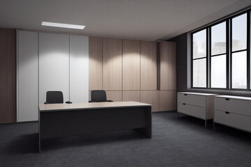 Executive desk, office interior with furniture, desk and chairs in large office 3d illustration
