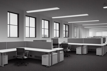 Black and white image of office space, desk, chairs and other furniture 3d illustration
