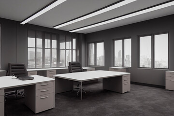 Fototapeta premium Black and white image of office space, desks and chairs for employees 3d illustration 
