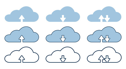 Collection cloud with arrow line icon. Upload and download cloud arrow vector symbols. Clouds with arrows up and down isolated blue signs