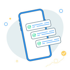 Checklist. Smartphone with green checkmarks. Check marks, ticks on mobile phone screen. Survey, check list, complete, application form, questionnaire concepts. Vector Illustration